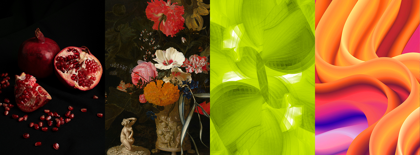 Vierteilige Collage mit Granatäpfeln auf schwarzem Stoff, einem Blumenstillleben, limettengrünen abstrakten Formen und fließenden Wellen in Orange, Rosa und Violett.