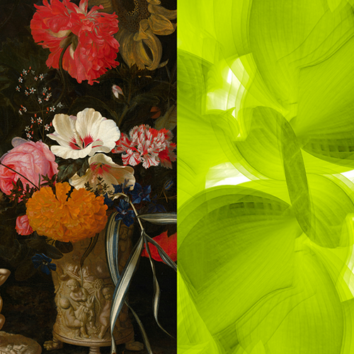 Vierteilige Collage mit Granatäpfeln auf schwarzem Stoff, einem Blumenstillleben, limettengrünen abstrakten Formen und fließenden Wellen in Orange, Rosa und Violett.