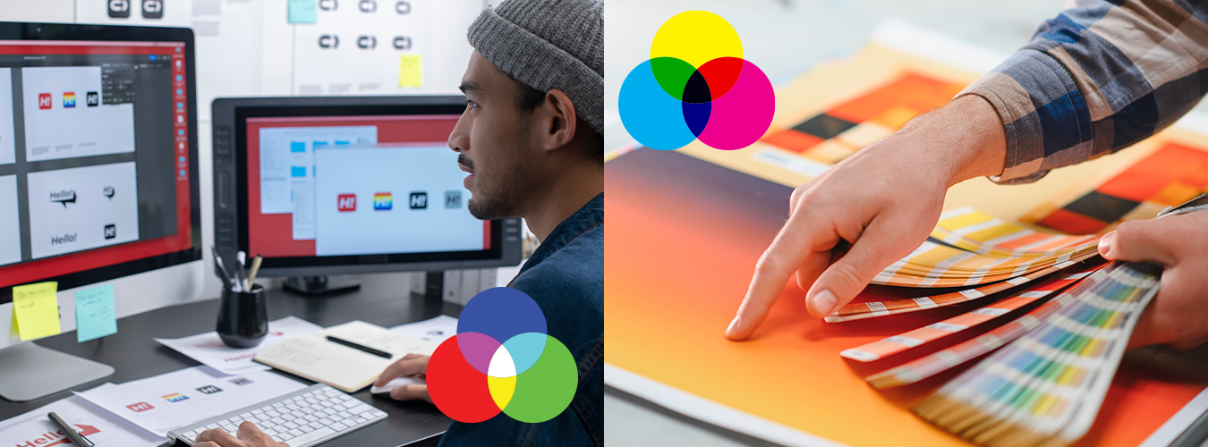 Designer arbeitet am Bildschirm an Grafiken, daneben ein Farbfächer für den Druck – es geht um den Unterschied zwischen Farben am Screen und im Print.