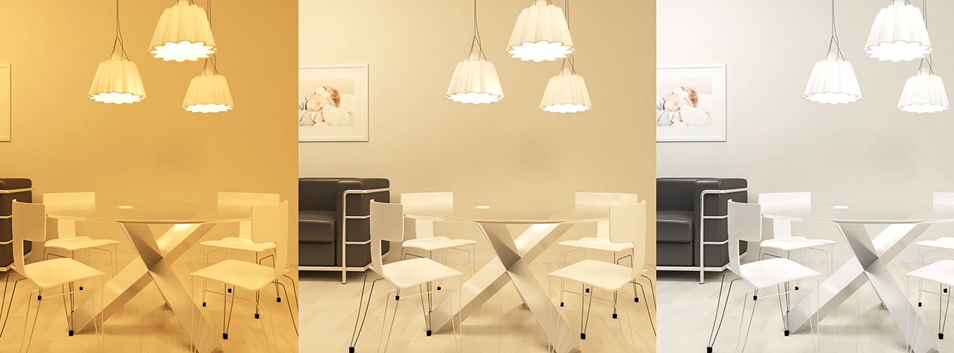 Modernes Esszimmer mit Vergleich von warmer, neutraler und kühler Beleuchtung über Tisch und Stühlen