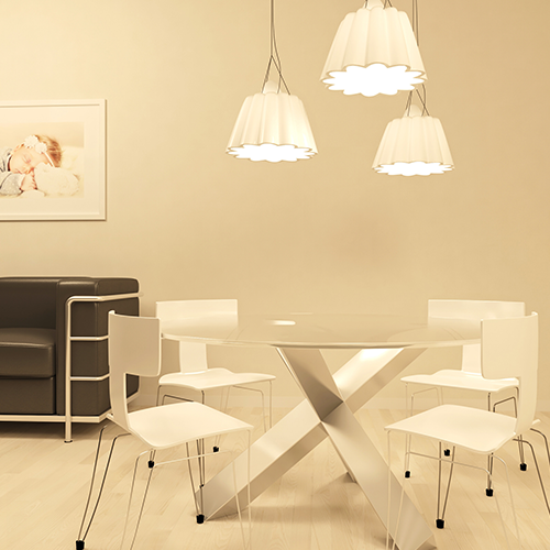 Modernes Esszimmer mit Vergleich von warmer, neutraler und kühler Beleuchtung über Tisch und Stühlen